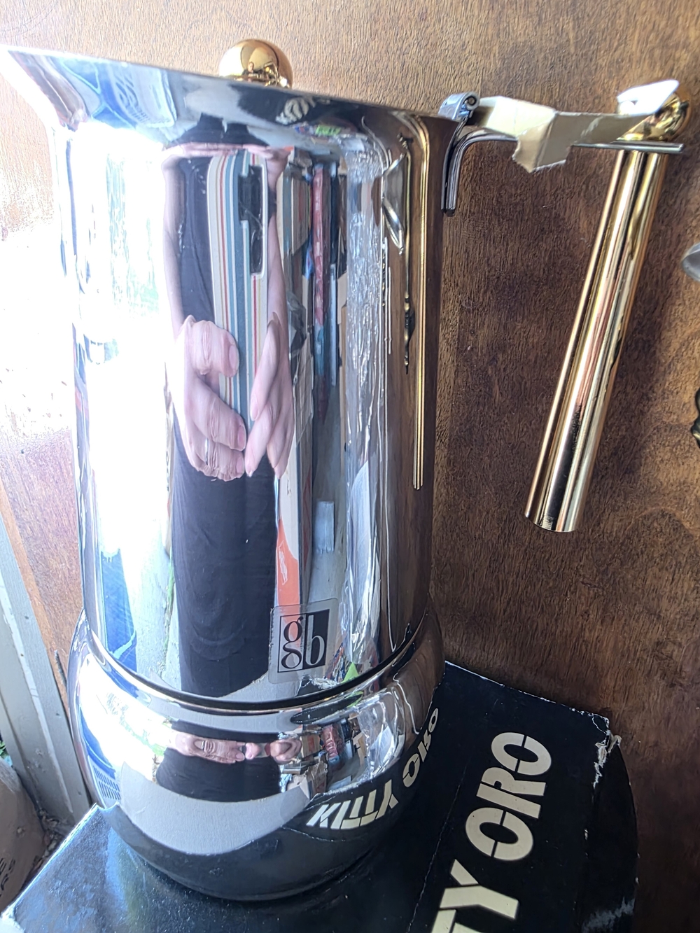 Rare GB Kitty Oro 10 Cup Stainless Steel Espresso Pot w 24K Gold Plated Accents